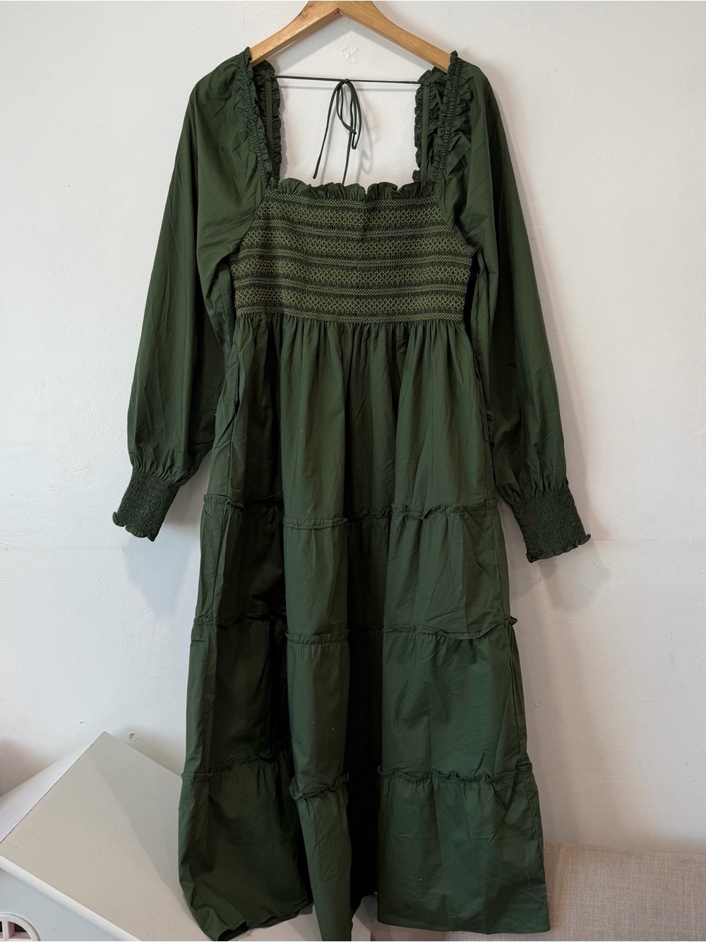 Hill House Home Naomi Nap Dress Dark Green Smocked Tiered Midi Cottagecore